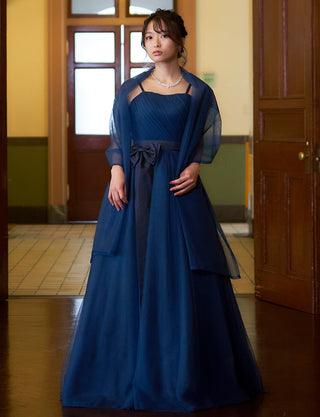 TWEED DRESS(ツイードドレス)のネイビーロングドレス・チュール｜TS1503-NYの全身正面ストール着用画像です。
