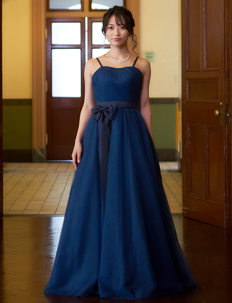 TWEED DRESS(ツイードドレス)のネイビーロングドレス・チュール｜TS1503-NYの全身正面ストラップ、付属リボン着用画像です。