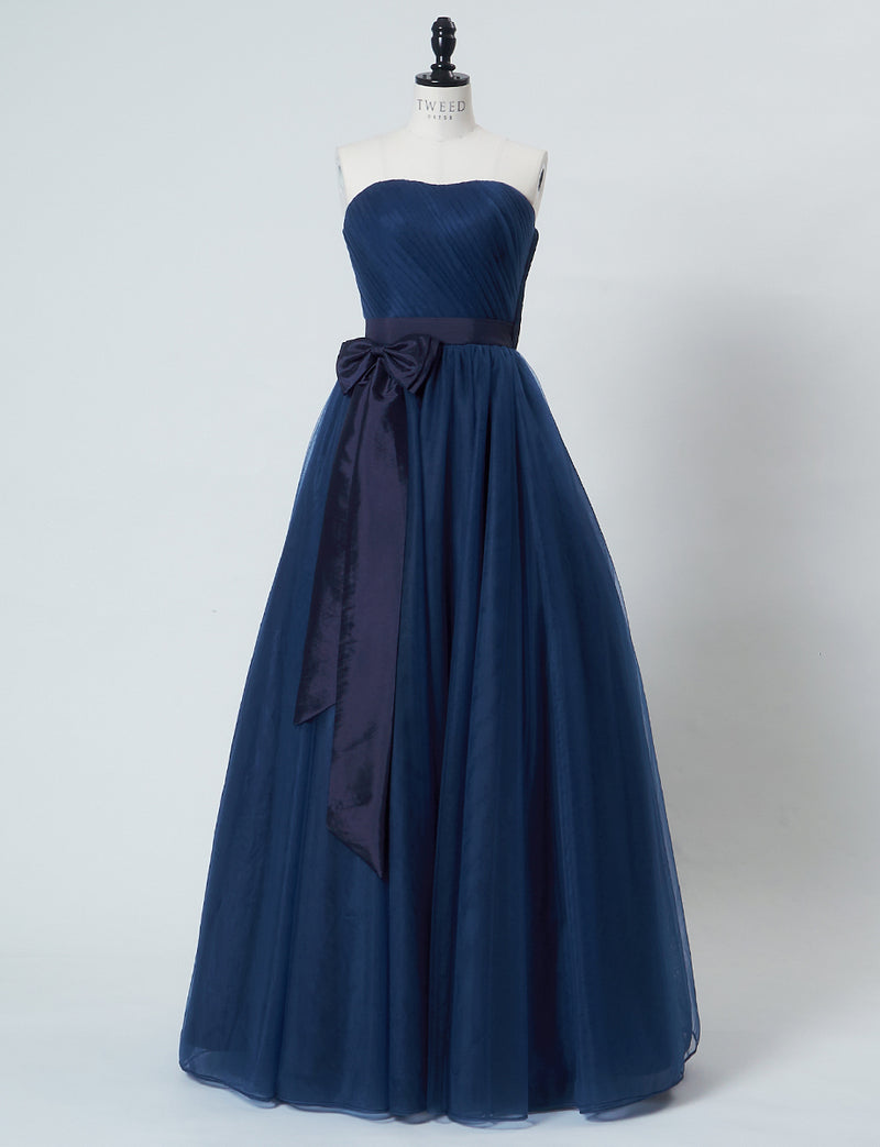 TWEED DRESS(ツイードドレス)のネイビーロングドレス・チュール｜TS1503-NYのトルソー上半身正面付属リボン着用画像です。
