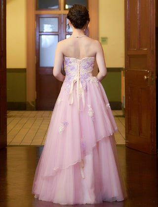 TWEED DRESS(ツイードドレス)のラベンダー×ベージュロングドレス・チュール｜TS1540-LVの全身背面画像です。