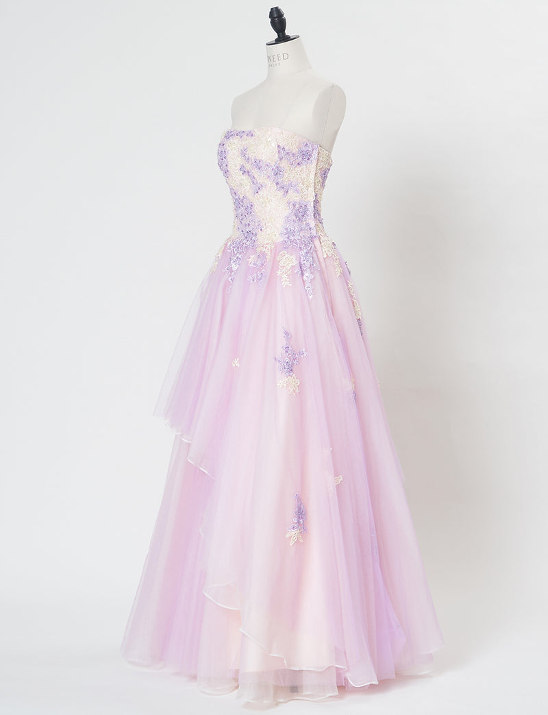 TWEED DRESS(ツイードドレス)のラベンダー×ベージュロングドレス・チュール｜TS1540-LVのトルソー全身斜め画像です。