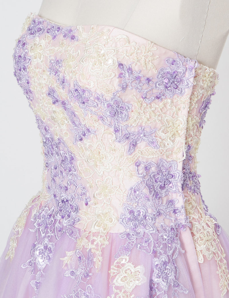TWEED DRESS(ツイードドレス)のラベンダー×ベージュロングドレス・チュール｜TS1540-LVのトルソー上半身斜め画像です。