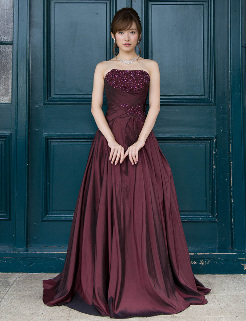 TWEED DRESS(ツイードドレス)のバーガンディーロングドレス・タフタ｜TS1578-BGDの全身正面画像です。