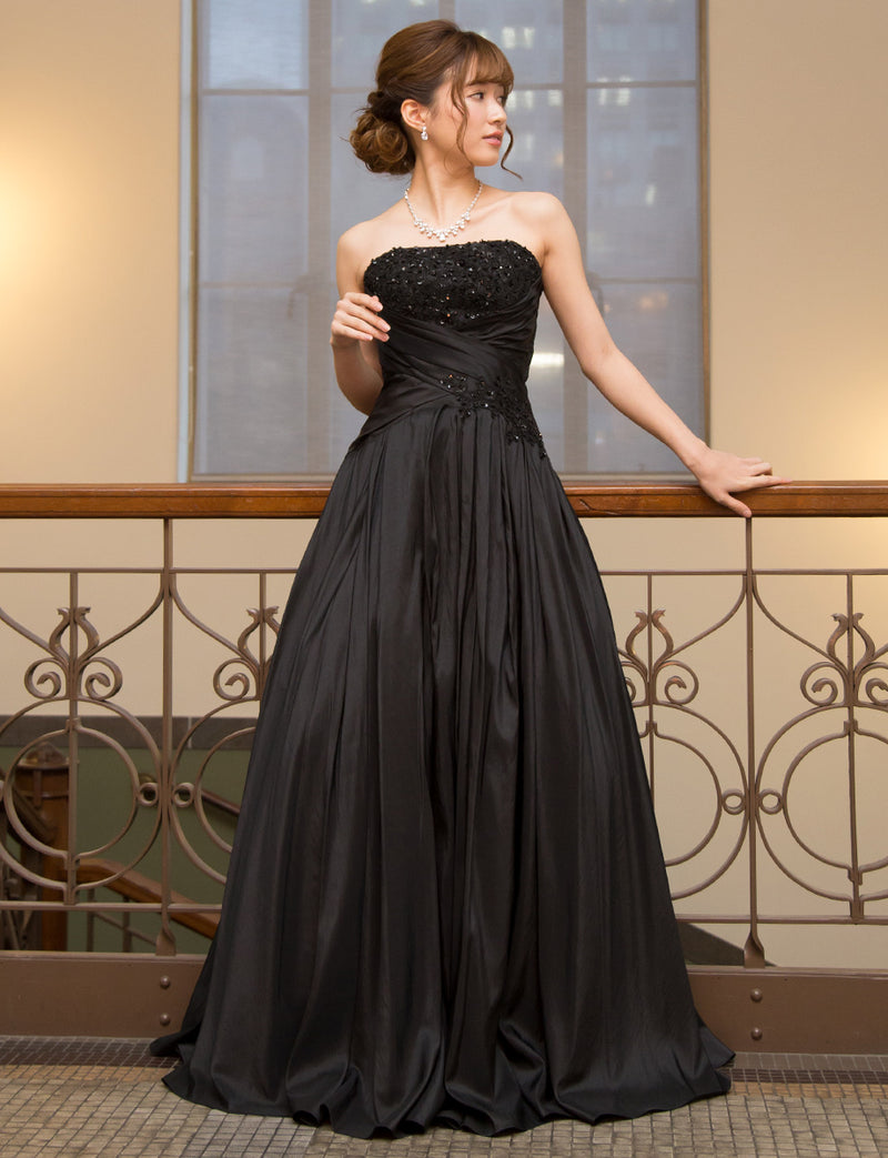 TWEED DRESS(ツイードドレス)のブラックロングドレス・タフタ｜TS1578-BKの全身正面画像です。