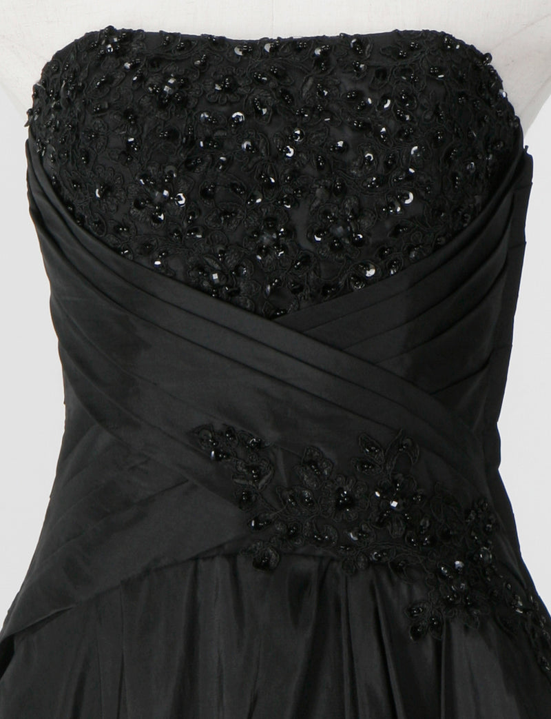 TWEED DRESS(ツイードドレス)のブラックロングドレス・タフタ｜TS1578-BKのトルソー上半身正面画像です。