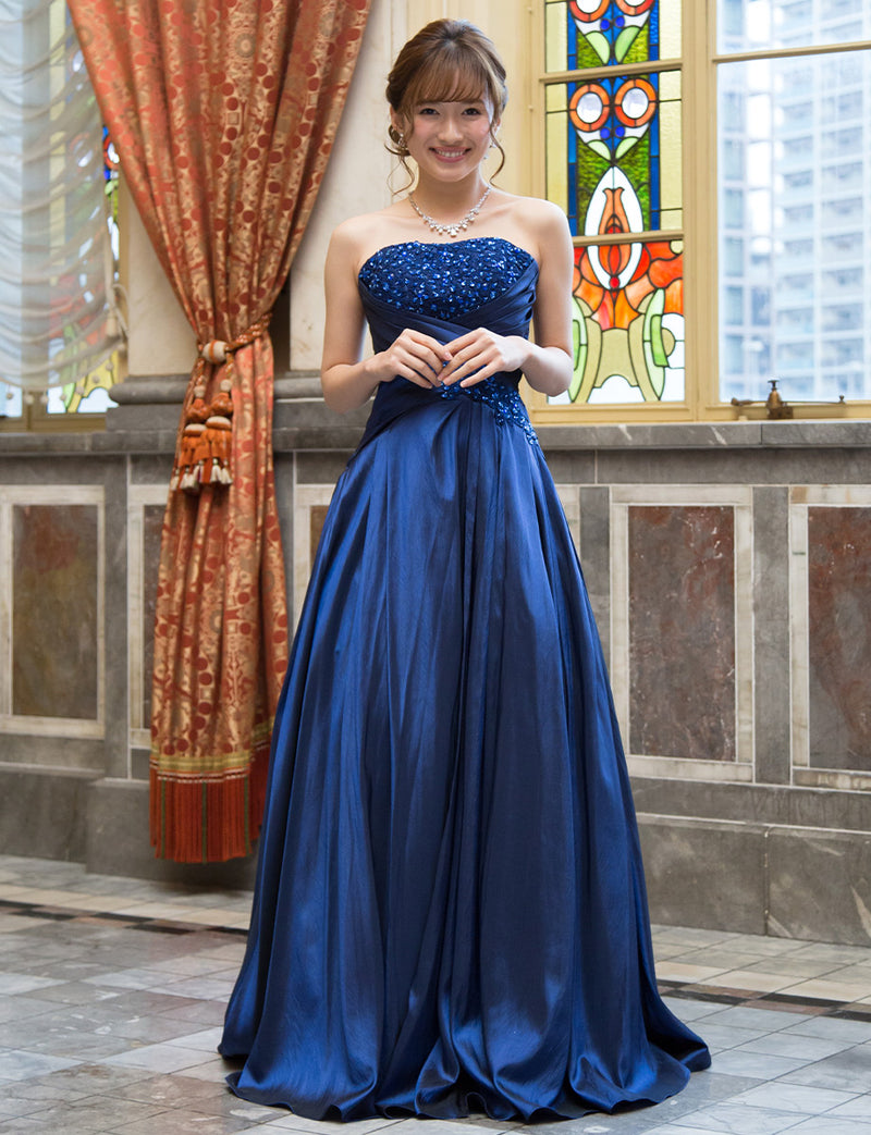 TWEED DRESS(ツイードドレス)のブルーネイビーロングドレス・タフタ｜TS1578-BLNYの全身正面画像です。