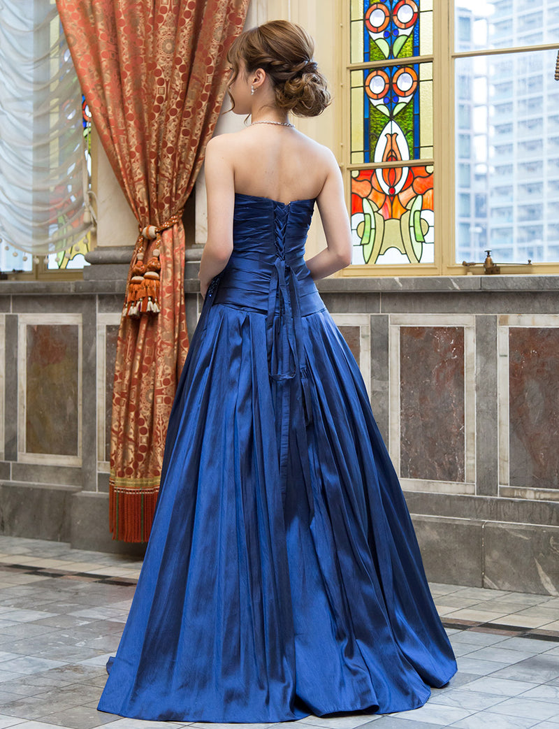 TWEED DRESS(ツイードドレス)のブルーネイビーロングドレス・タフタ｜TS1578-BLNYの全身背面画像です。