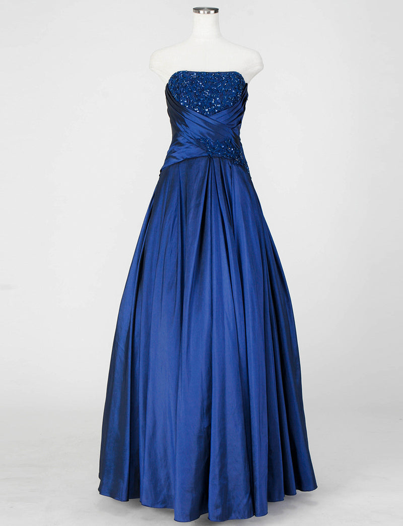 TWEED DRESS(ツイードドレス)のブルーネイビーロングドレス・タフタ｜TS1578-BLNYのトルソー全身正面画像です。