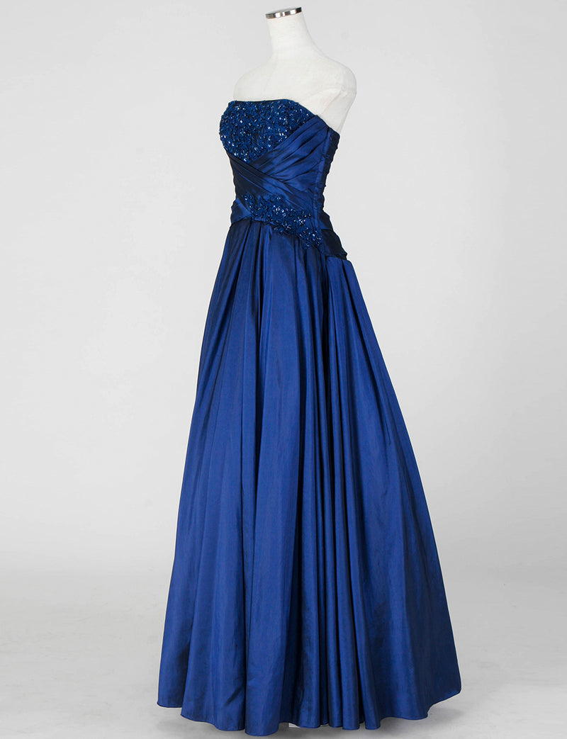TWEED DRESS(ツイードドレス)のブルーネイビーロングドレス・タフタ｜TS1578-BLNYのトルソー全身斜め画像です。