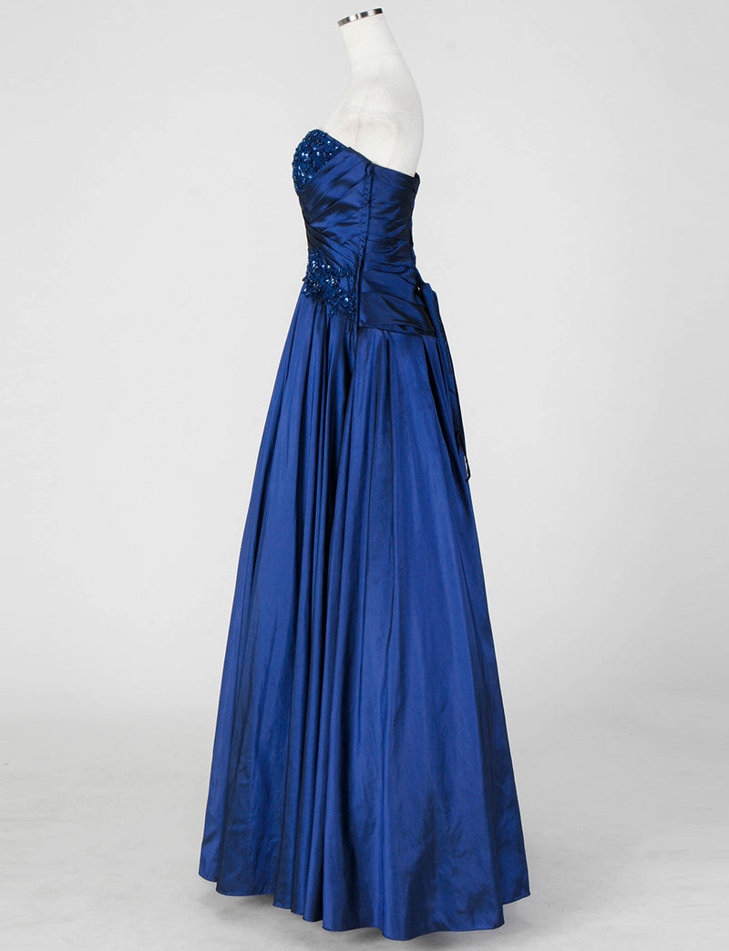 TWEED DRESS(ツイードドレス)のブルーネイビーロングドレス・タフタ｜TS1578-BLNYのトルソー全身側面画像です。