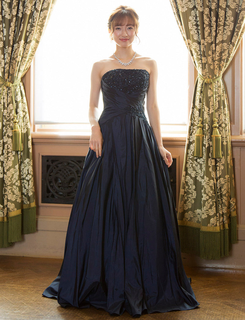 TWEED DRESS(ツイードドレス)のダークネイビーロングドレス・タフタ｜TS1578-DNYの全身正面画像です。