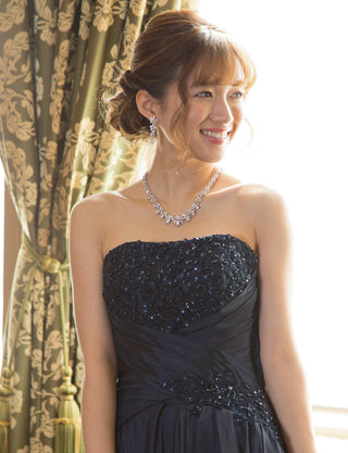 TWEED DRESS(ツイードドレス)のダークネイビーロングドレス・タフタ｜TS1578-DNYの上半身正面画像です。