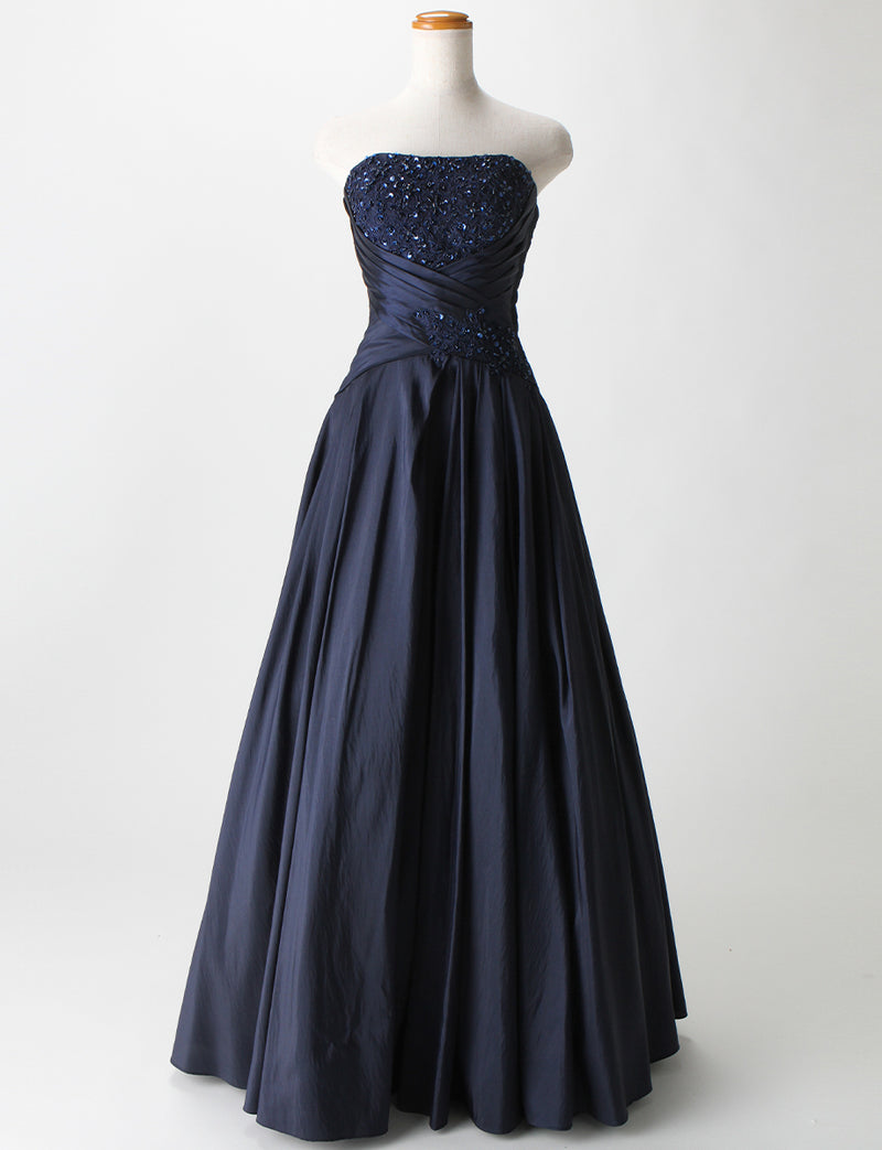 TWEED DRESS(ツイードドレス)のダークネイビーロングドレス・タフタ｜TS1578-DNYのトルソー全身正面画像です。
