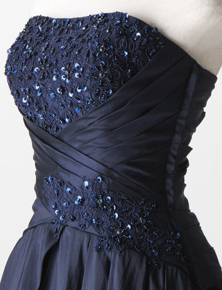TWEED DRESS(ツイードドレス)のダークネイビーロングドレス・タフタ｜TS1578-DNYのトルソー上半身斜め画像です。