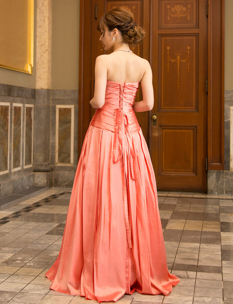 TWEED DRESS(ツイードドレス)のゴールドコーラルロングドレス・タフタ｜TS1578-GCOの全身背面画像です。