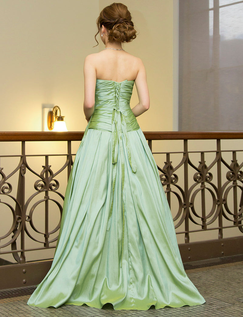 TWEED DRESS(ツイードドレス)のオリーブグリーンロングドレス・タフタ｜TS1578-OVGNの全身背面画像です。