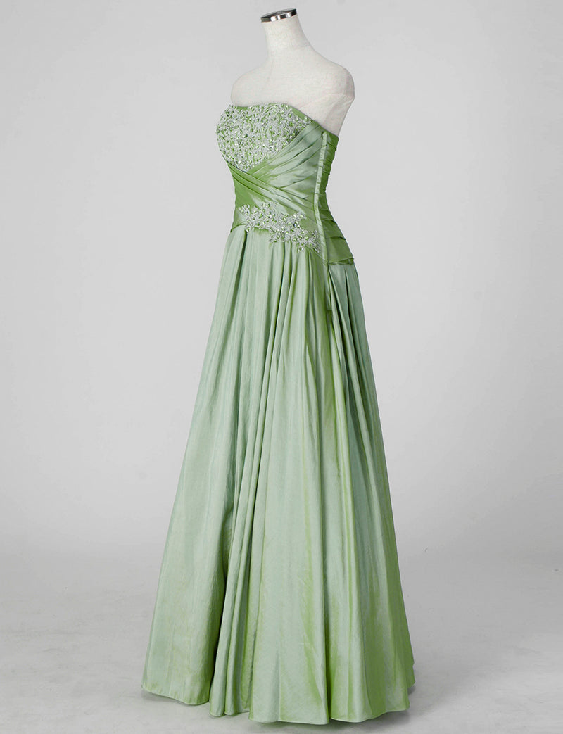 TWEED DRESS(ツイードドレス)のオリーブグリーンロングドレス・タフタ｜TS1578-OVGNのトルソー全身斜め画像です。