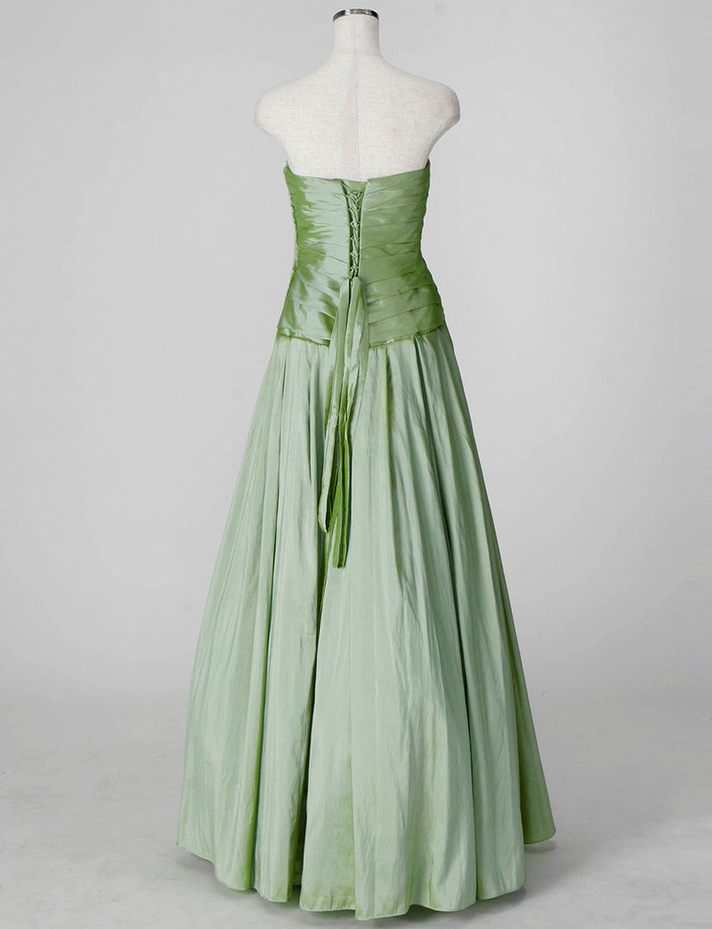 TWEED DRESS(ツイードドレス)のオリーブグリーンロングドレス・タフタ｜TS1578-OVGNのトルソー全身背面画像です。