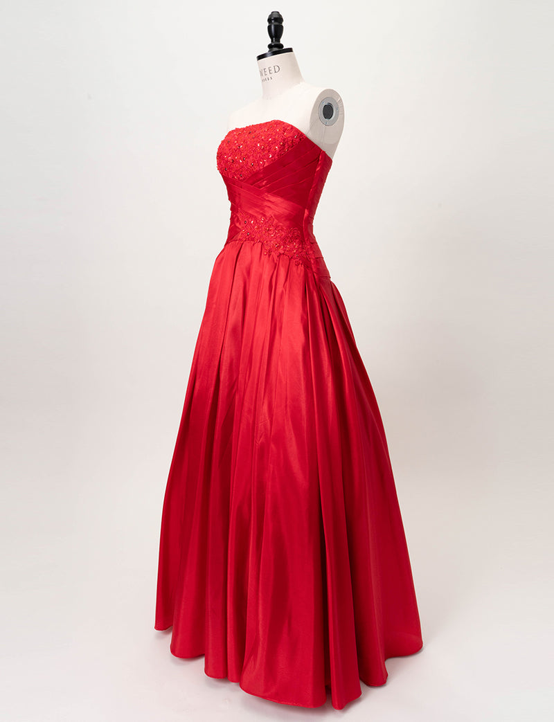 TWEED DRESS(ツイードドレス)のレッドロングドレス・タフタ｜TS1578-RDのトルソー全身斜め画像です。