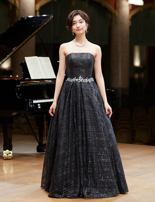 TWEED DRESS(ツイードドレス)のブラックロングドレス・チュール｜TW1904-BKの全身正面画像です。