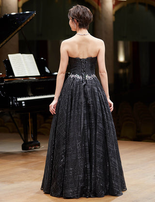 TWEED DRESS(ツイードドレス)のブラックロングドレス・チュール｜TW1904-BKの全身背面画像です。