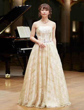 TWEED DRESS(ツイードドレス)のシャンパンゴールドロングドレス・チュール｜TW1904-CGDの全身正面画像です。