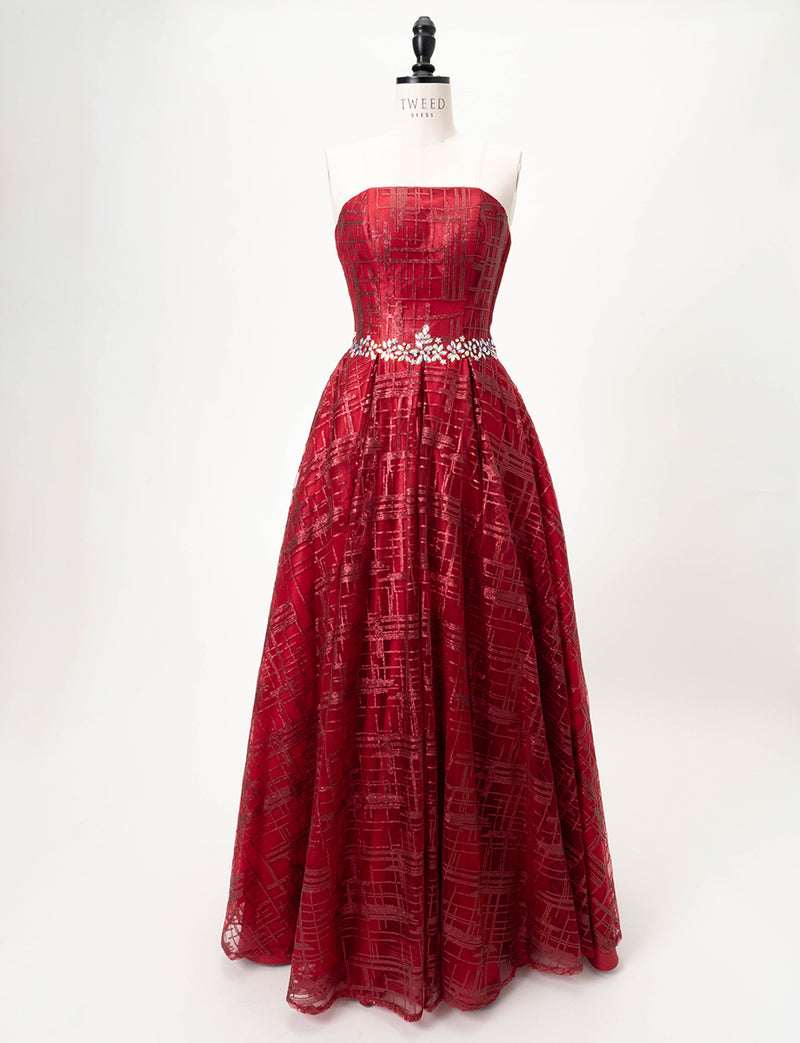 TWEED DRESS(ツイードドレス)のワインレッドロングドレス・チュール｜TW1904-CGDのトルソー全身正面画像です。
