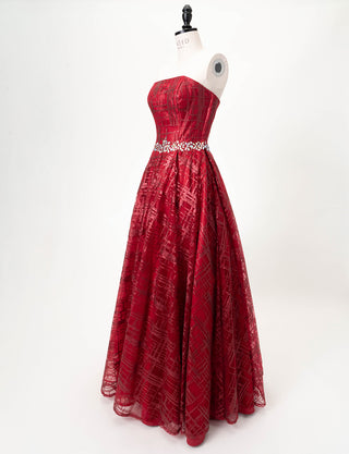 TWEED DRESS(ツイードドレス)のワインレッドロングドレス・チュール｜TW1904-CGDのトルソー全身斜め画像です。