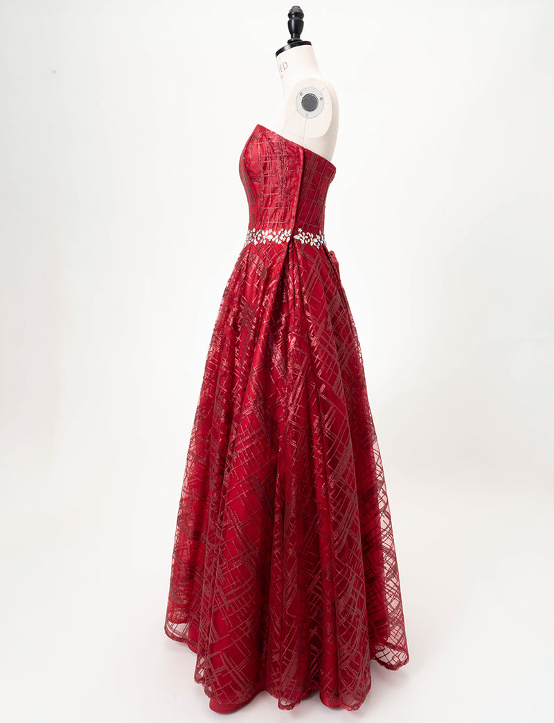 TWEED DRESS(ツイードドレス)のワインレッドロングドレス・チュール｜TW1904-CGDのトルソー全身側面画像です。