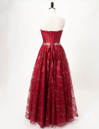 TWEED DRESS(ツイードドレス)のワインレッドロングドレス・チュール｜TW1904-CGDのトルソー全身背面画像です。