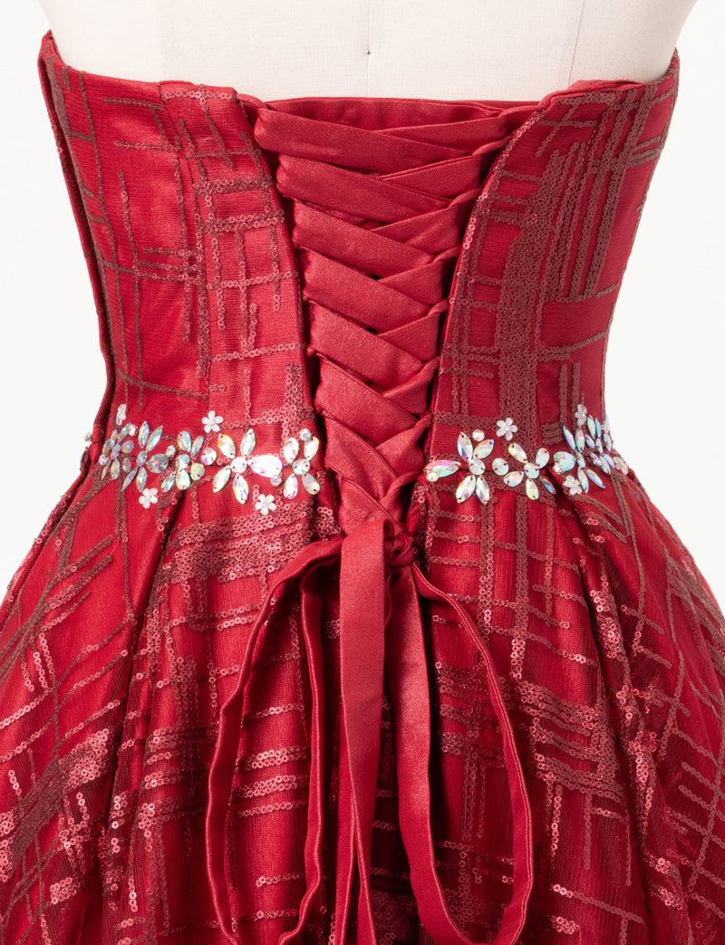 TWEED DRESS(ツイードドレス)のワインレッドロングドレス・チュール｜TW1904-CGDのトルソー上半身背面画像です。