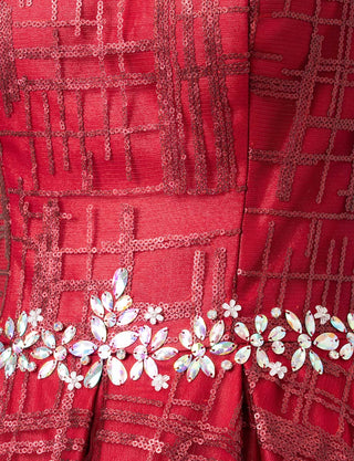 TWEED DRESS(ツイードドレス)のワインレッドロングドレス・チュール｜TW1904-CGDのトルソー上半身装飾、ウエストビジュ拡大画像です。