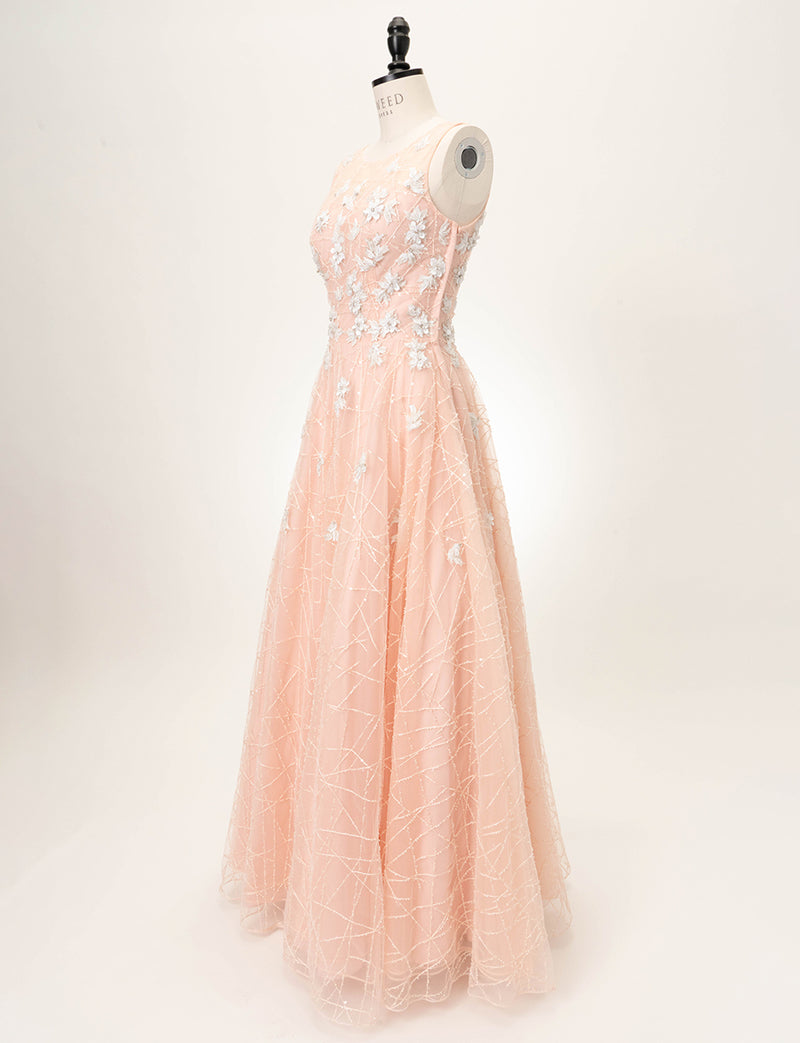 TWEED DRESS(ツイードドレス)のサーモンピンクロングドレス・チュール｜TW1906-SAPKのトルソー全身斜め画像です。