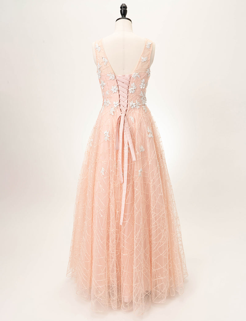 TWEED DRESS(ツイードドレス)のサーモンピンクロングドレス・チュール｜TW1906-SAPKのトルソー全身背面画像です。