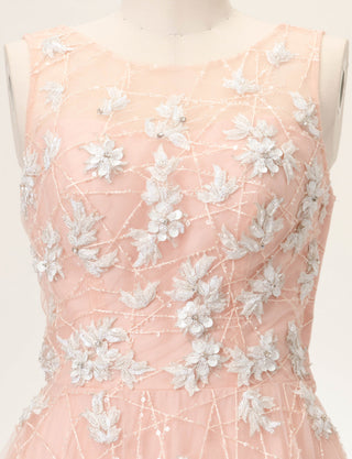 TWEED DRESS(ツイードドレス)のサーモンピンクロングドレス・チュール｜TW1906-SAPKのトルソー上半身正面画像です。