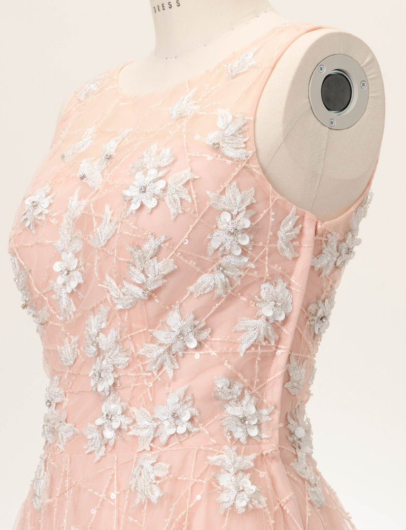 TWEED DRESS(ツイードドレス)のサーモンピンクロングドレス・チュール｜TW1906-SAPKのトルソー上半身斜め画像です。
