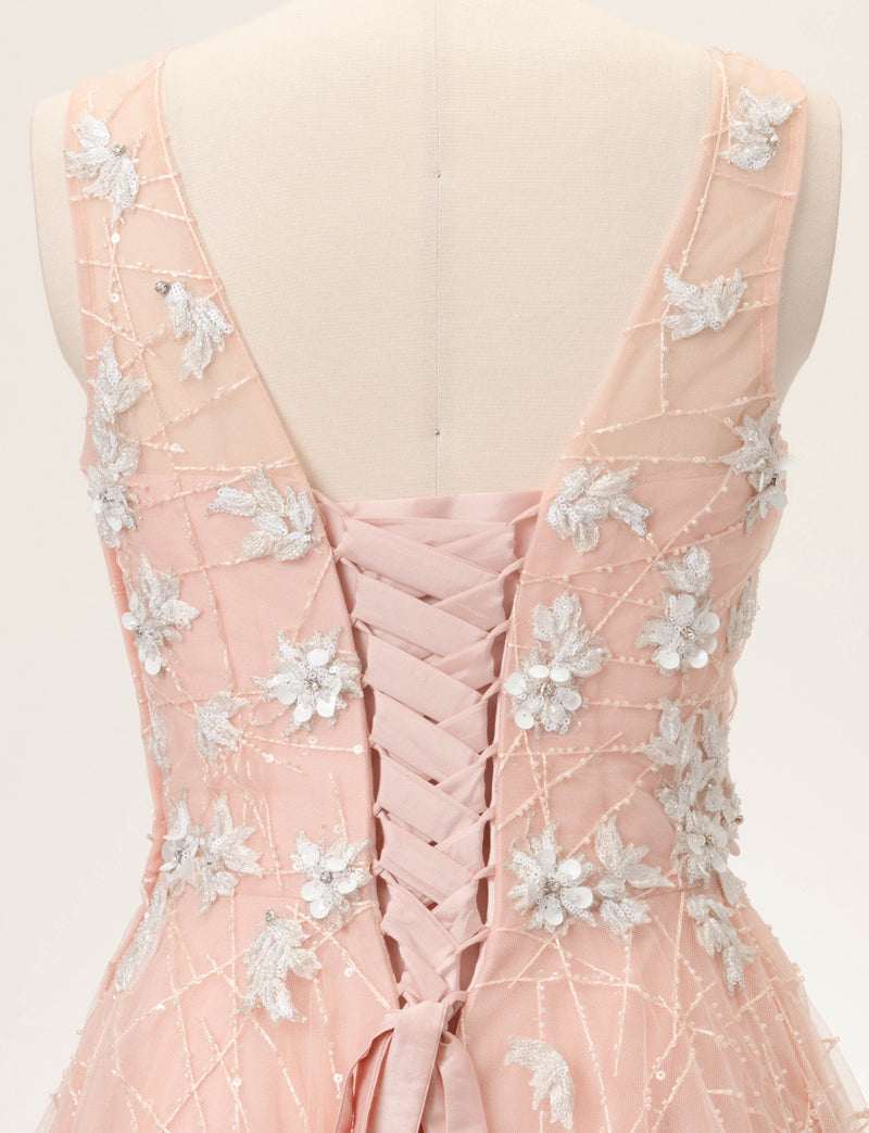 TWEED DRESS(ツイードドレス)のサーモンピンクロングドレス・チュール｜TW1906-SAPKのトルソー上半身背面画像です。