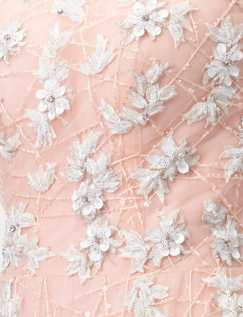 TWEED DRESS(ツイードドレス)のサーモンピンクロングドレス・チュール｜TW1906-SAPKのトルソー上半身装飾拡大画像です。