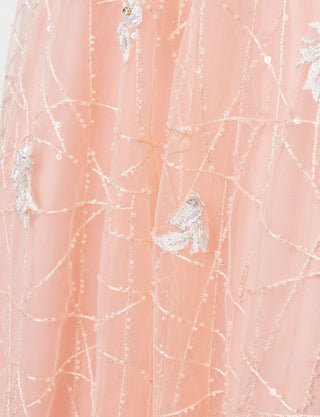 TWEED DRESS(ツイードドレス)のサーモンピンクロングドレス・チュール｜TW1906-SAPKのスカート生地拡大画像です。