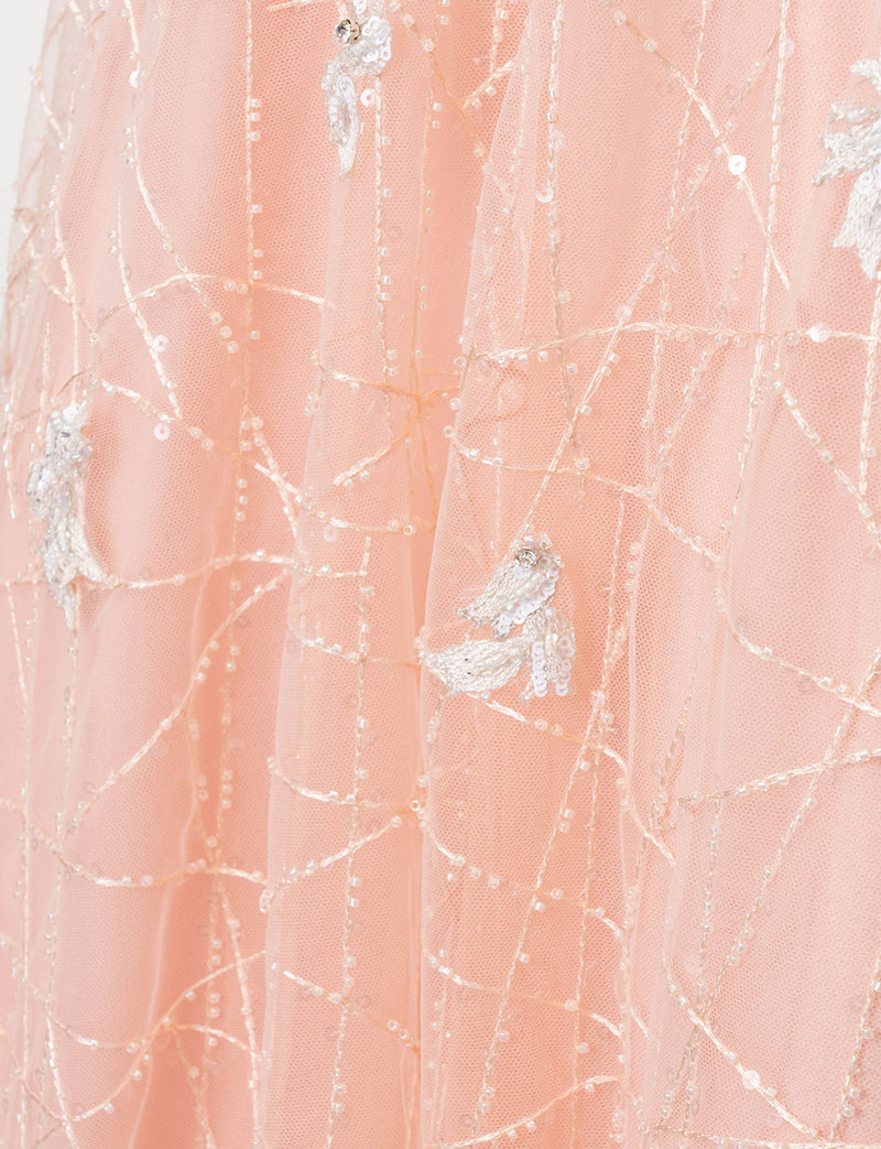 TWEED DRESS(ツイードドレス)のサーモンピンクロングドレス・チュール｜TW1906-SAPKのスカート生地拡大画像です。