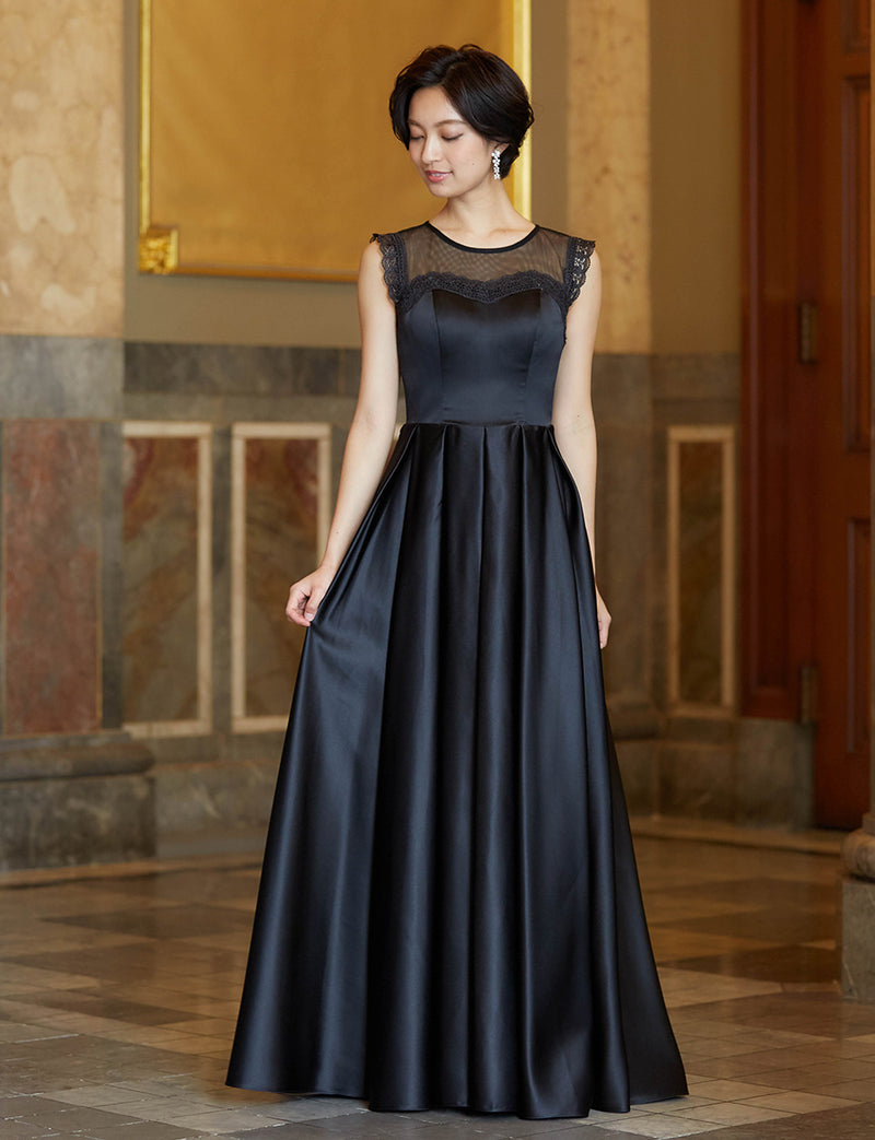 TWEED DRESS(ツイードドレス)のブラックロングドレス・サテン｜TW1908-BKの全身正面画像です。