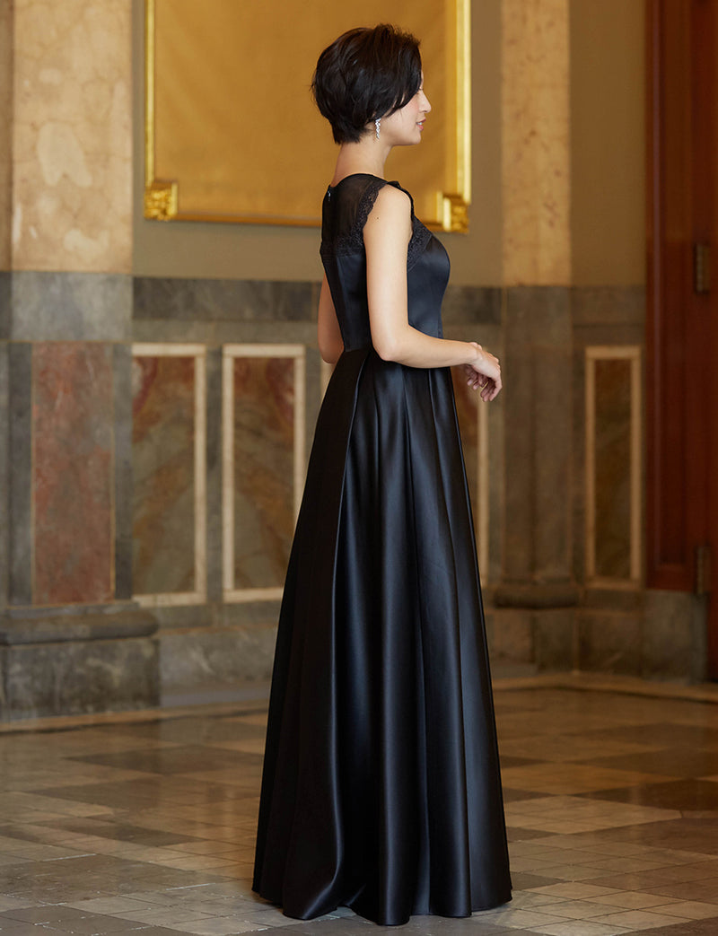 TWEED DRESS(ツイードドレス)のブラックロングドレス・サテン｜TW1908-BKの全身側面画像です。