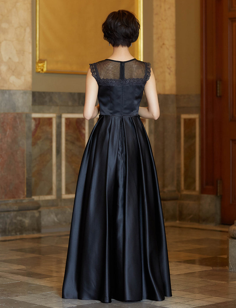 TWEED DRESS(ツイードドレス)のブラックロングドレス・サテン｜TW1908-BKの全身背面画像です。