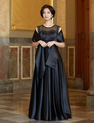 TWEED DRESS(ツイードドレス)のブラックロングドレス・サテン｜TW1908-BKの全身正面ストール着用画像です。
