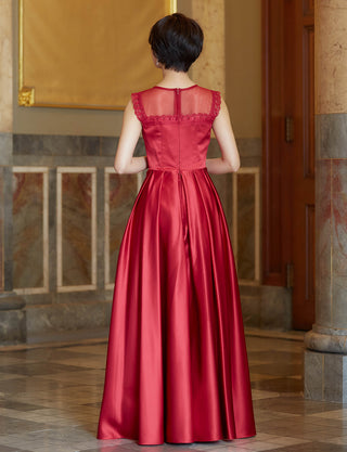 TWEED DRESS(ツイードドレス)のダークレッドロングドレス・サテン｜TW1908-DRDの全身背面画像です。
