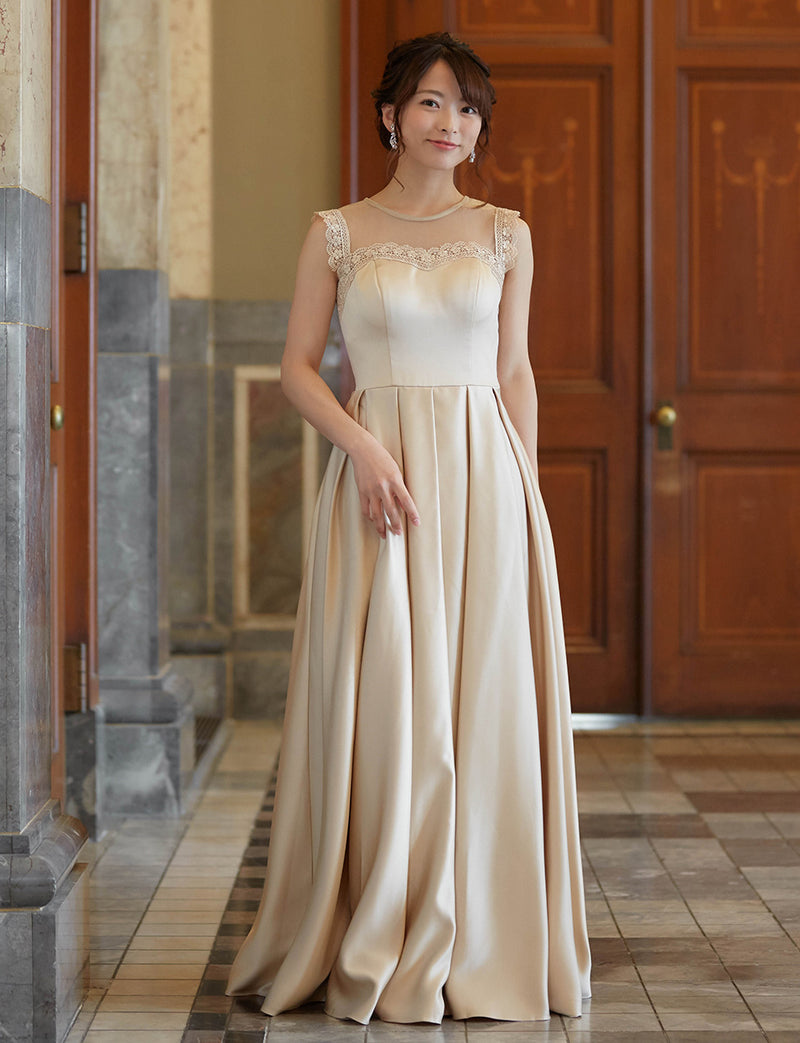 TWEED DRESS(ツイードドレス)のゴールドベージュロングドレス・サテン｜TW1908-GBEGの全身正面画像です。