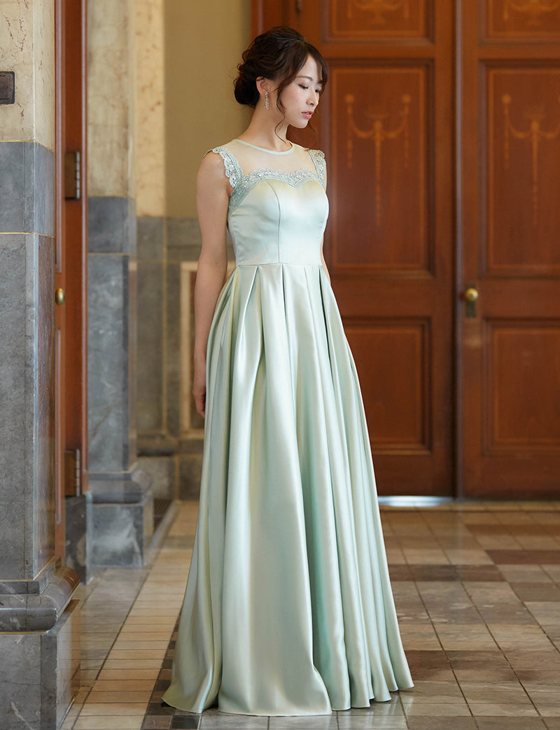 TWEED DRESS(ツイードドレス)のペールミントロングドレス・サテン｜TW1908-PMTの全身斜め画像です。
