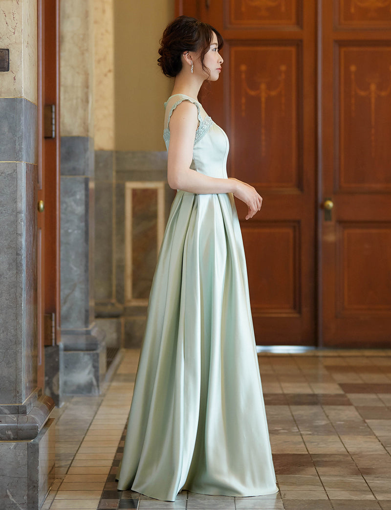 TWEED DRESS(ツイードドレス)のペールミントロングドレス・サテン｜TW1908-PMTの全身側面画像です。