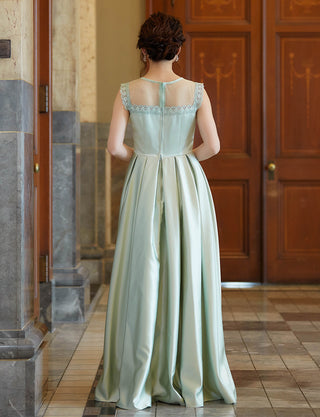 TWEED DRESS(ツイードドレス)のペールミントロングドレス・サテン｜TW1908-PMTの全身背面画像です。