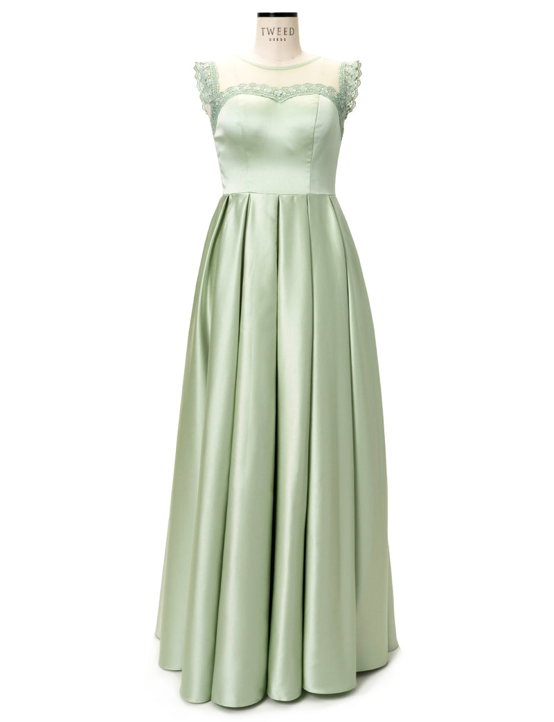 TWEED DRESS(ツイードドレス)のペールミントロングドレス・サテン｜TW1908-PMTのトルソー全身正面画像です。